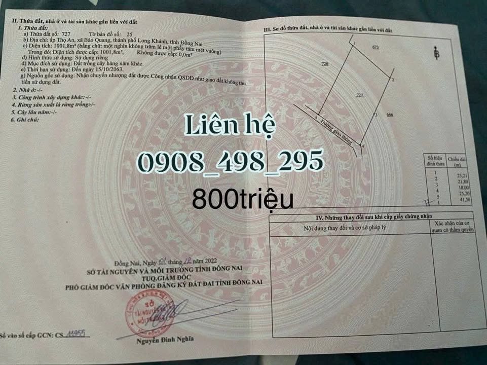 Đất nền 1002m² Bảo Vinh, Long Khánh chỉ 800 triệu - Sổ hồng riêng chính chủ!