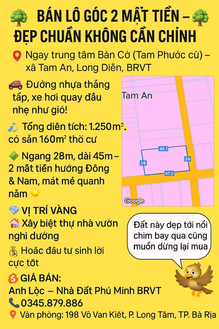 Đất nền 2 mặt tiền xã Tam An 1250m² giá 9 tỷ - Cơ hội đầu tư tuyệt vời!