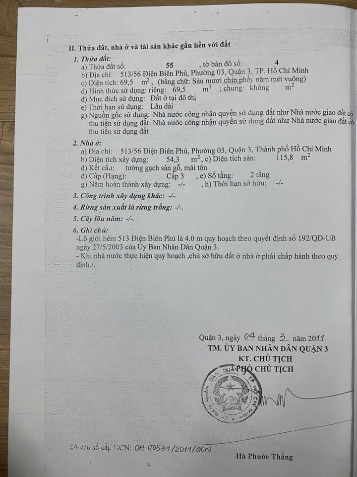 Nhà hẻm 513/56 Điện Biên Phủ, Quận 3 - 69.5m², Giá 7.9 tỷ - Pháp lý rõ ràng!