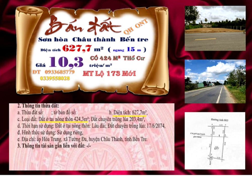 Đất nền Sơn Hòa, Châu Thành, Bến Tre 627m² giá 6.5 tỷ - Mặt tiền 173 thuận lợi!