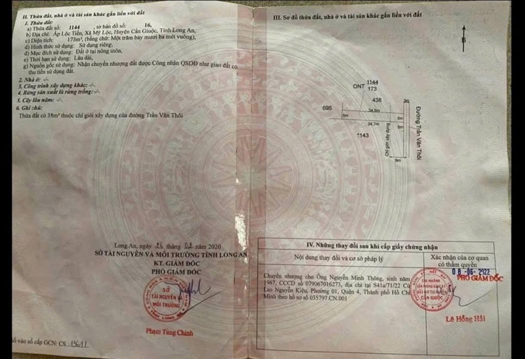 Đất nền mặt tiền đường Trần Văn Thôi, xã Mỹ Lộc, Long An - Giá 970 triệu, sổ hồng chính chủ!