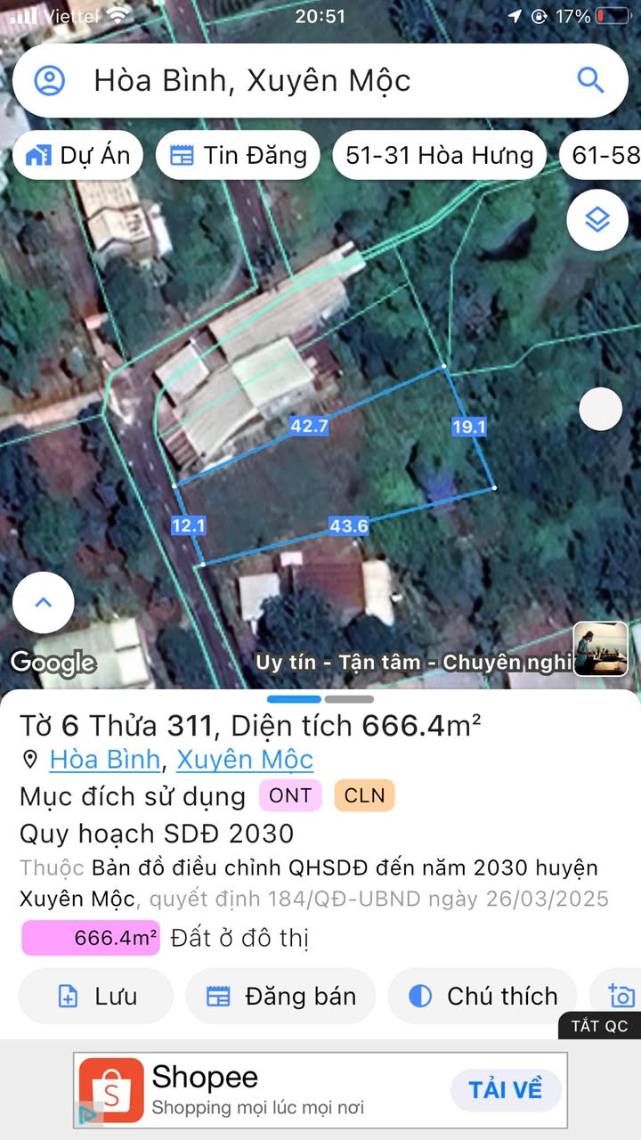 Đất nền xã Hòa Bình Xuyên Mộc 515m² giá 12.875 tỷ - Sổ hồng chính chủ