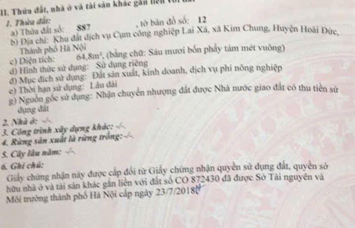 Đất dịch vụ Trưng Lai Xá Hoài Đức 64.8m² - Vị trí đắc địa, giá đầu tư hấp dẫn!