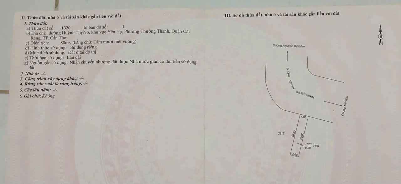 Đất nền mặt tiền đường Huỳnh Thị Nở, Cái Răng, Cần Thơ 80m² - Giá chỉ 960 triệu!