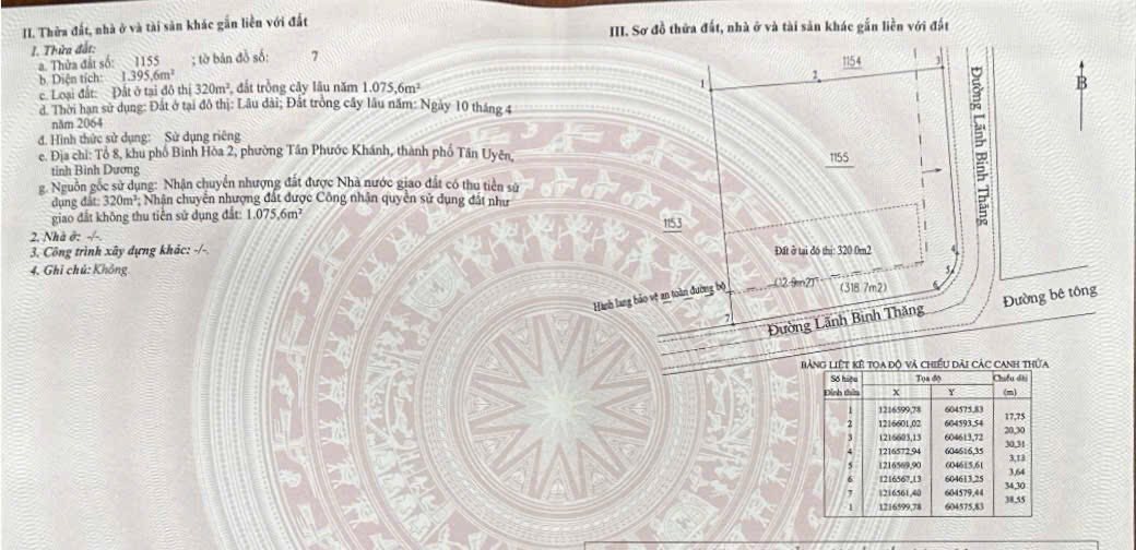 Đất thổ cư 320m² 2 mặt tiền đường Lãnh Binh Thăng, Tân Uyên - Giá chỉ 10 tỷ!