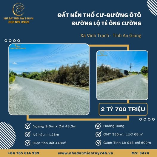 Bán đất thổ cư mặt tiền Lộ Tẻ Ông Cường, Vĩnh Trạch, 448m² giá 2.7 tỷ - Cơ hội đầu tư hấp dẫn!