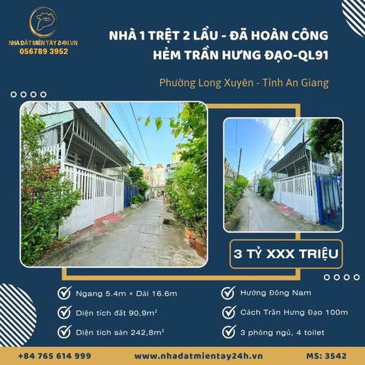 Nhà 1 trệt 2 lầu Hẻm Trần Hưng Đạo, Long Xuyên 91m² giá 3 tỷ - Đã hoàn công, chính chủ!
