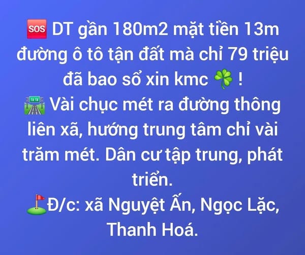 Đất nền Nguyệt Ấn, Ngọc Lặc 180m² giá thỏa thuận - Mặt tiền 13m ô tô vào tận nơi!