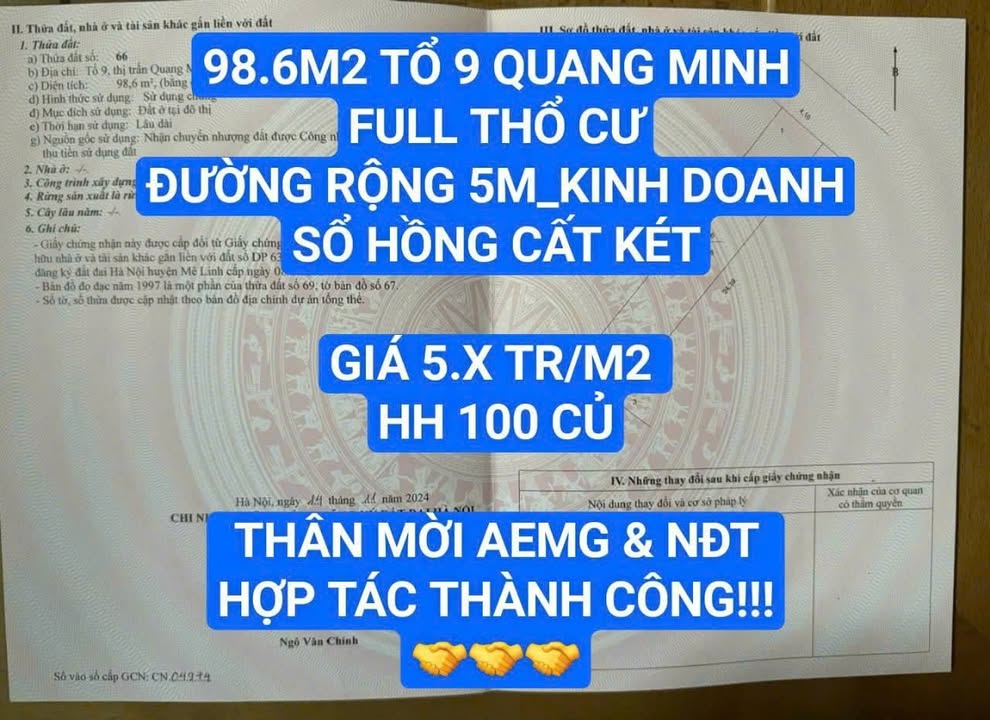 Đất nền mặt tiền 4m tại Tổ 9 Quang Minh, Mê Linh 98m² - Tiềm năng tăng giá cao!