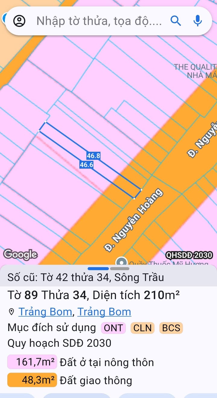 Đất mặt tiền đường Nguyễn Hoàng Trảng Bom 210m² giá 2.8 tỷ - Kinh doanh sầm uất!