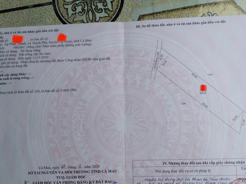 Đất ấp Phấn Thạnh, xã Thạnh Phú, Cà Mau 500m² giá chỉ 2.25 tỷ - Sổ hồng chính chủ!