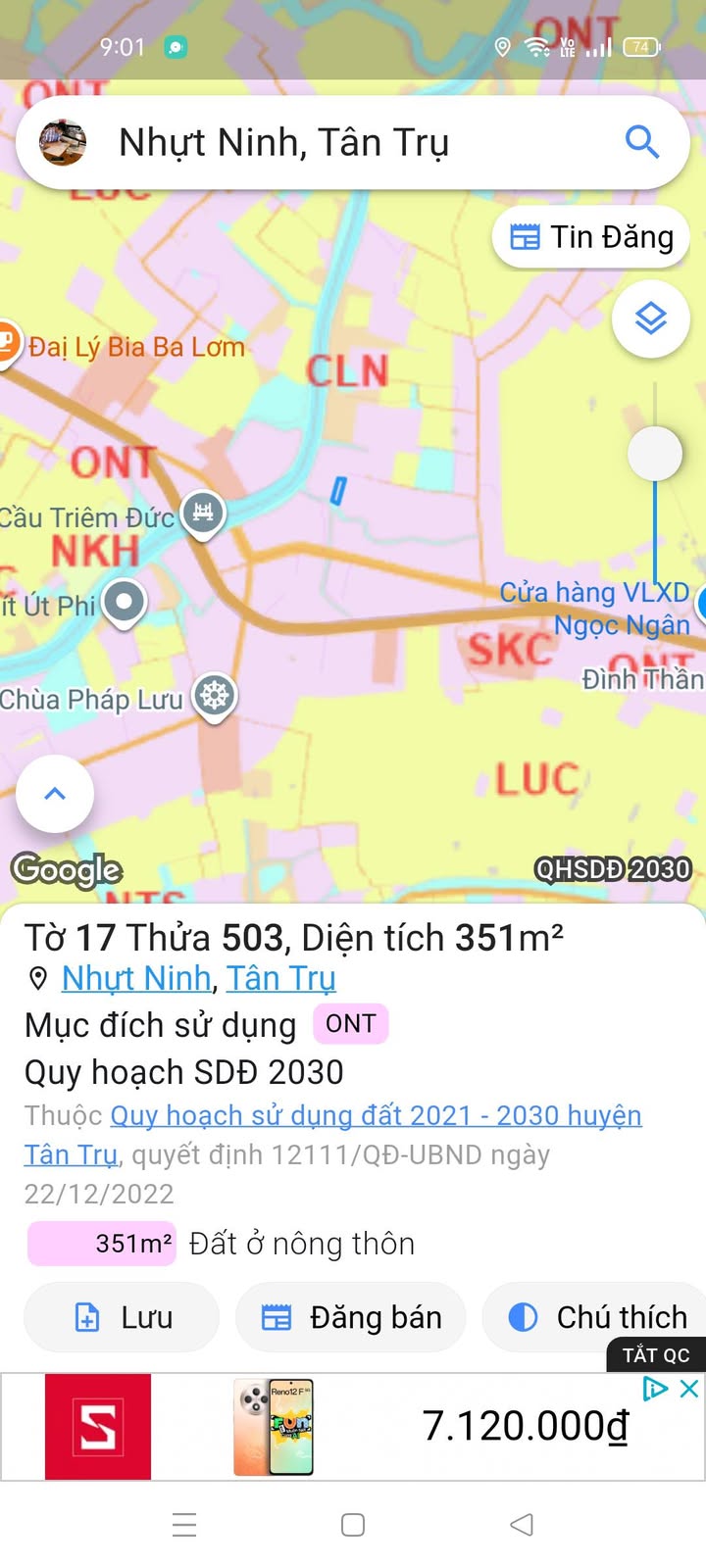 Đất thổ cư Nhựt Ninh, Tân Trụ, Long An 531m² giá 550 triệu - Cơ hội đầu tư hấp dẫn!