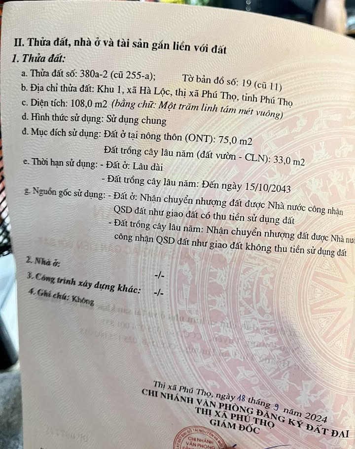 Đất nền chính chủ tại phường Phú Thọ, Việt Trì 108m² - Giá chỉ 1 tỷ VND!