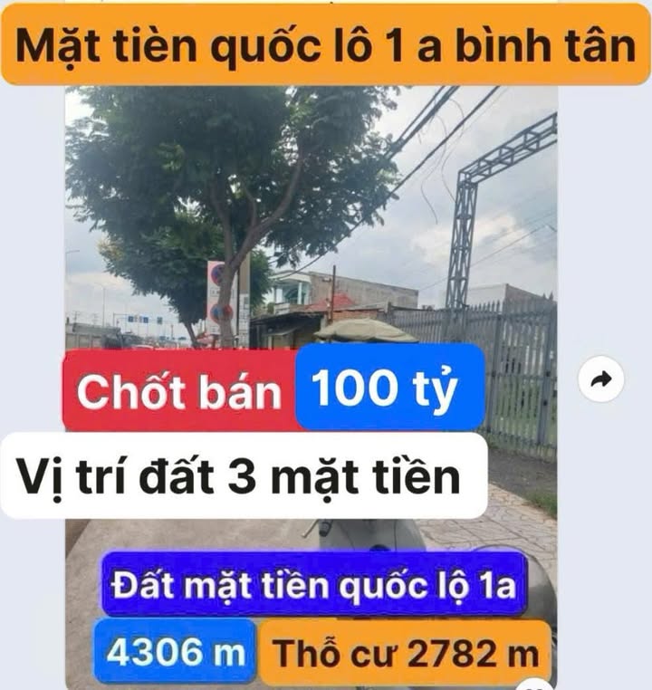 Đất mặt tiền Quốc Lộ 1A Quận Bình Tân 4.306m² giá 100 tỷ - Đầu tư sinh lời ngay!