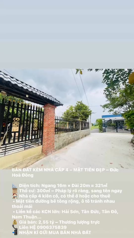 Đất kèm nhà cấp 4 Đức Hòa Đông 321m² giá 2.55 tỷ - Mặt tiền đẹp, pháp lý rõ ràng!