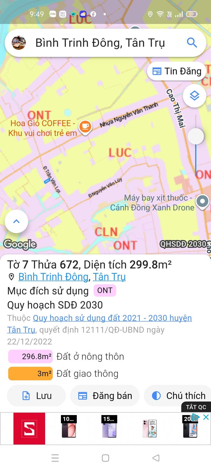 Đất thổ cư mặt tiền đường Trần Văn Lợi, xã Bình Trinh Đông, huyện Tân Trụ, 150m², giá 495 triệu - Đầu tư sinh lời ngay!