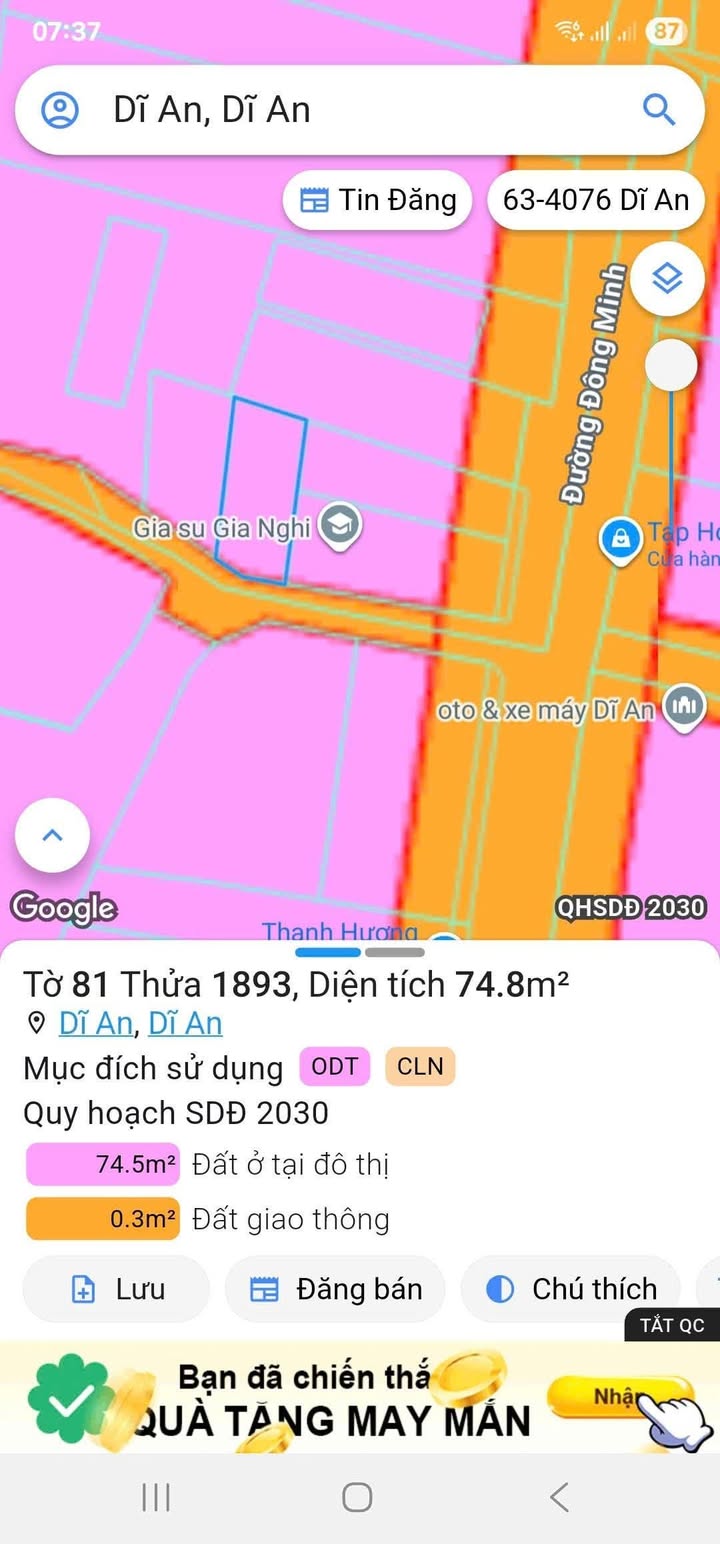 Đất thổ cư phường Dĩ An 75m² giá 3.4 tỷ - Vị trí đẹp, thuận tiện!