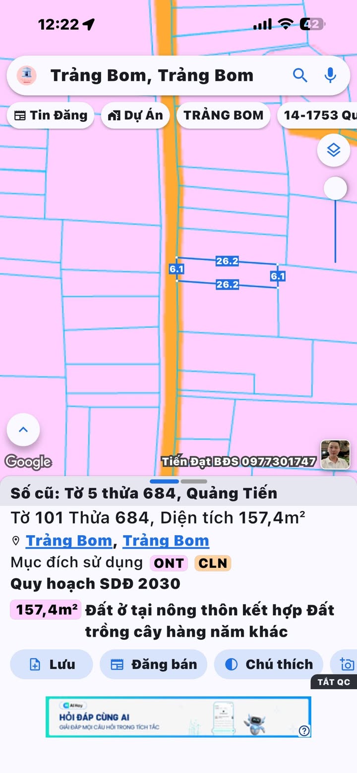 Lô đất mặt tiền nhựa Quảng Tiến, Trảng Bom, 1586m² - Sổ riêng, thổ cư 100%!