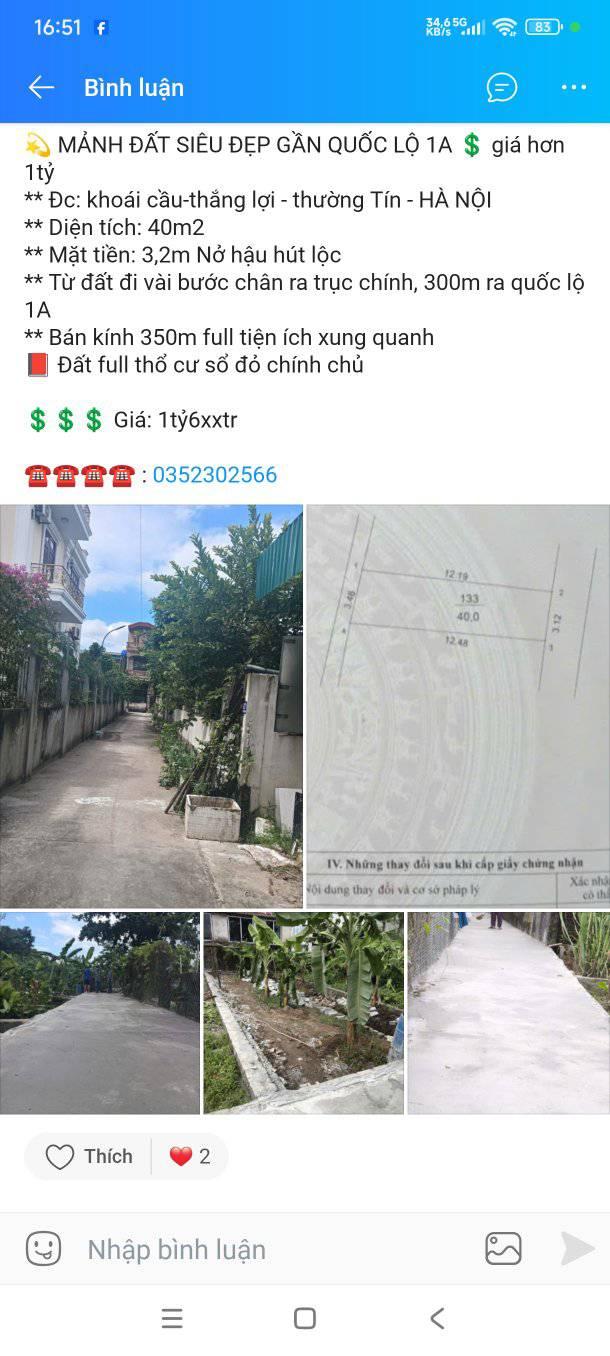 Đất thổ cư 40m² tại Thắng Lợi, Thường Tín - Giá 1.6 tỷ, Nở hậu hút lộc!