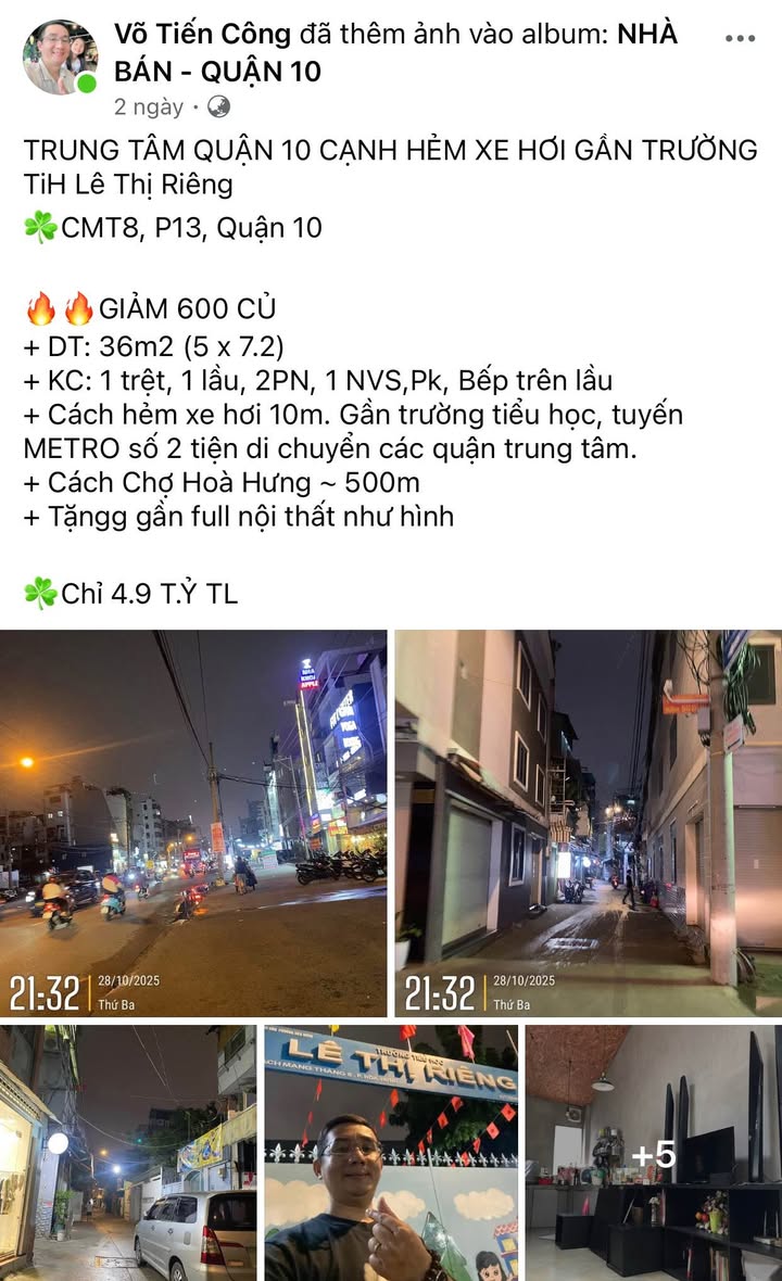 Nhà bán quận 10, 36m² giá 4.85 tỷ - Chính chủ gần trường TiH Lê Thị Riêng!