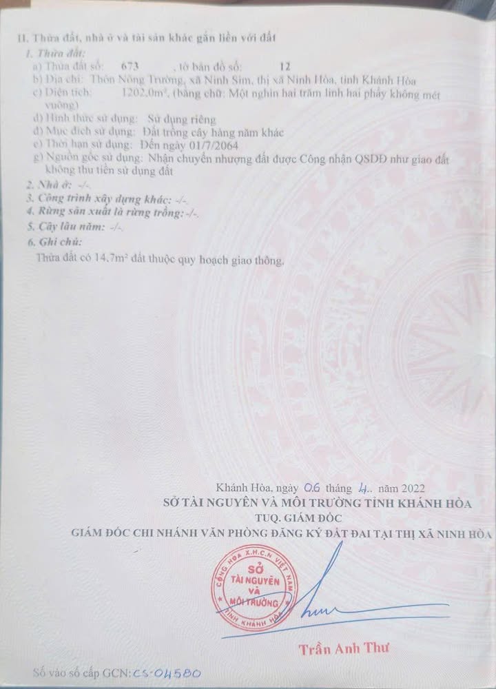 Đất nền Ninh Sim, Ninh Hòa, Khánh Hòa 1182m² giá 5.2 tỷ - Tiềm năng phát triển mạnh mẽ!