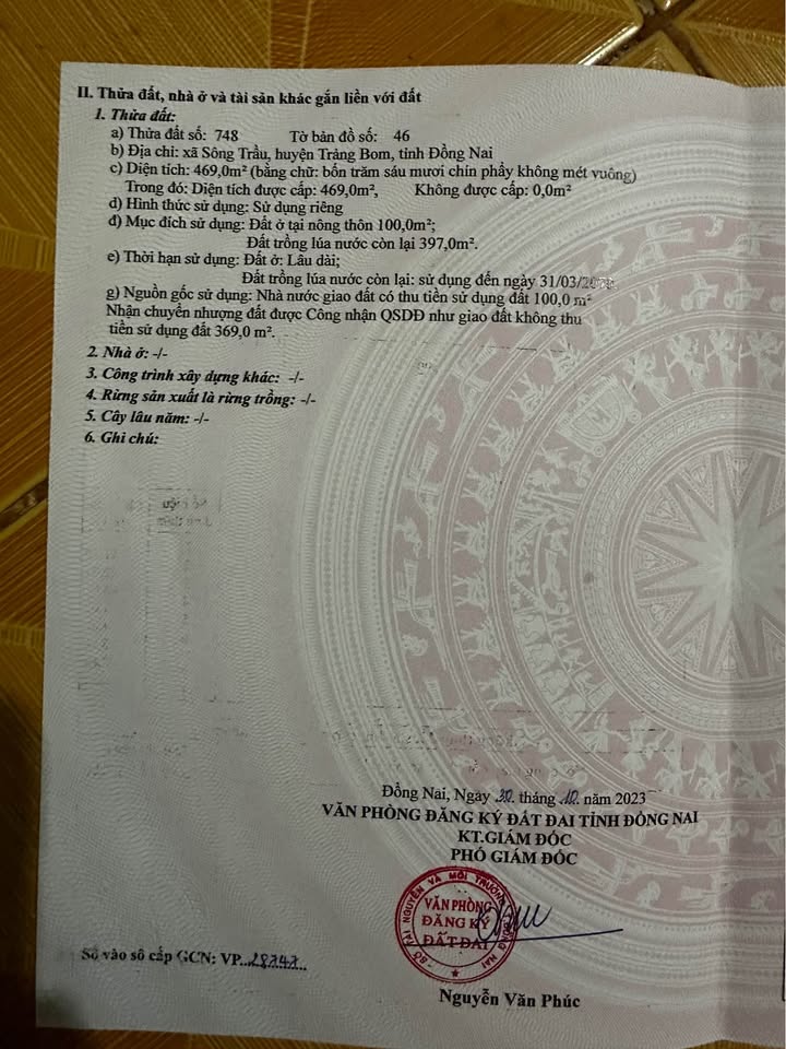 Đất nền Sông Trầu Trảng Bom 469m² giá 6.8 tỷ - Đầu tư sinh lời cao!