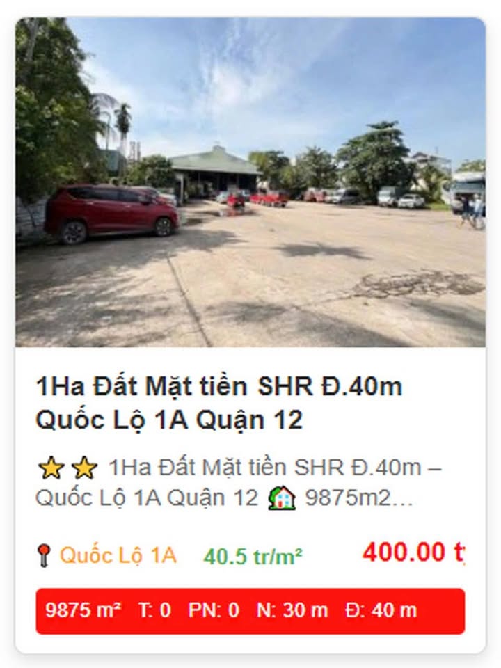 Đất mặt tiền Quốc Lộ 1A Quận 12 1ha giá thỏa thuận - Cơ hội đầu tư sinh lời!