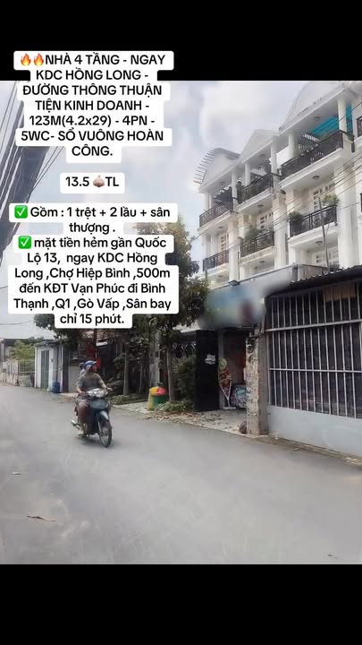 Nhà 4 tầng tại KDC Hồng Long, Thủ Đức 123m² giá 13.5 tỷ - Đầu tư sinh lời ngay!