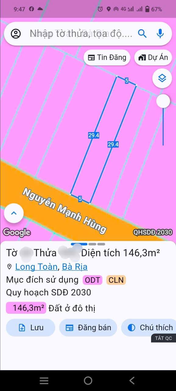 Đất thổ cư mặt tiền Nguyễn Mạnh Hùng, Bà Rịa - 146m² giá 3 tỷ - Đầu tư sinh lời!