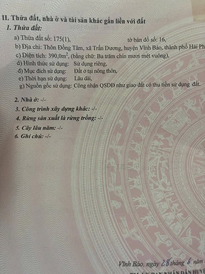 Đất thổ cư 390m² tại Đồng Tâm, Vĩnh Bảo, Hải Phòng - Vị trí sát KCN Trấn Dương!