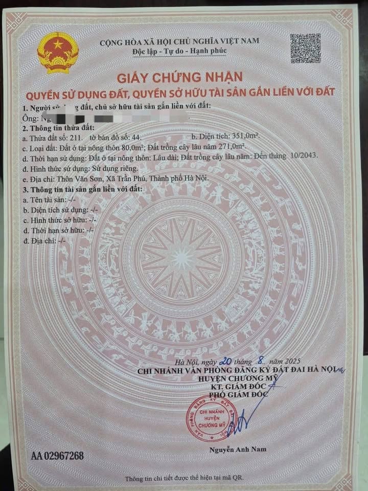 Đất nền thổ cư 351m² tại thôn Văn Sơn, Chương Mỹ, Hà Nội - Giá chỉ 2.8 tỷ!