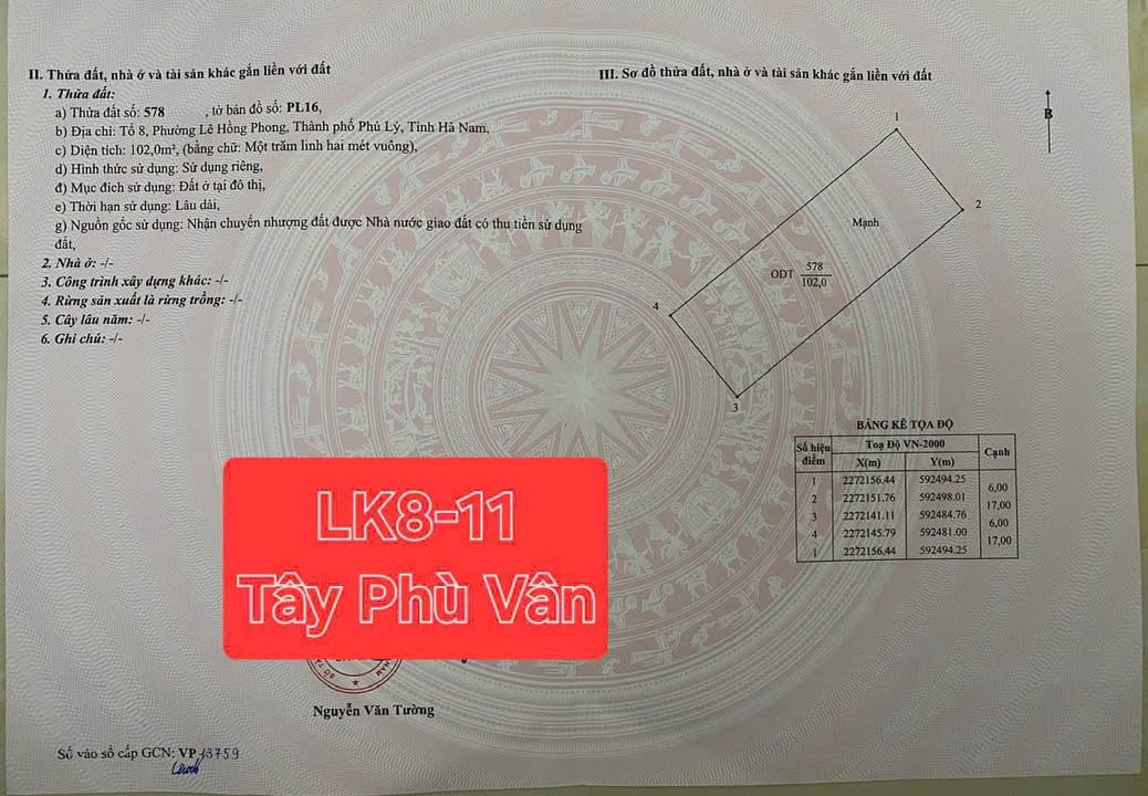 Đất chính chủ Tổ 8 - Lê Hồng Phong - 102m² giá 2.9 tỷ - Sổ đỏ giao ngay!