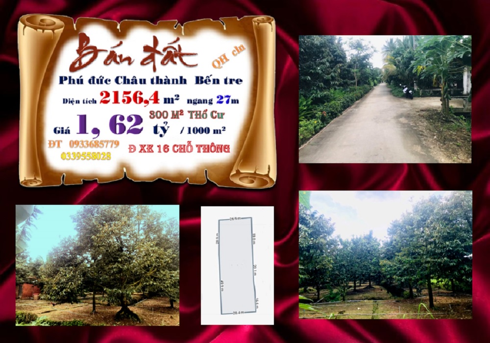 Đất vườn Phú Đức, Châu Thành, Bến Tre 2156m² giá 3.5 tỷ - Cơ hội đầu tư hấp dẫn!