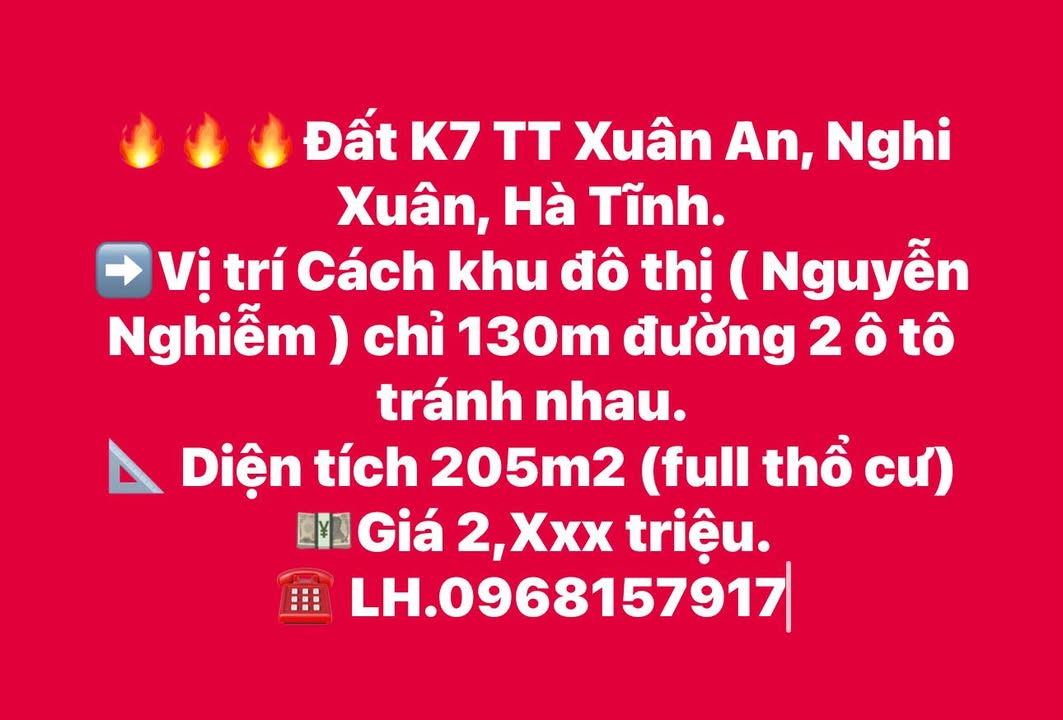 Đất K7 TT Xuân An, Nghi Xuân, Hà Tĩnh 205m² giá 2 tỷ - Đầu tư sinh lời cao!