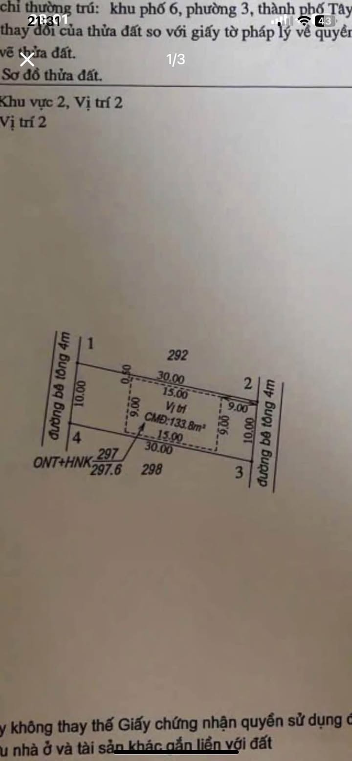 Đất thổ cư 300m² 2 mặt tiền tại Phường Bình Minh - Giá chỉ 2.4 tỷ!