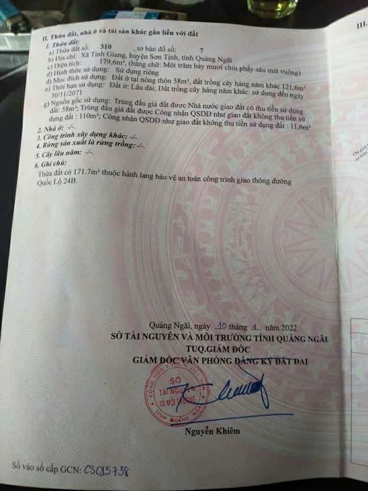 Đất mặt tiền QL24L Tịnh Giang - Sơn Tịnh 179m² giá thương lượng - Cơ hội đầu tư tuyệt vời!