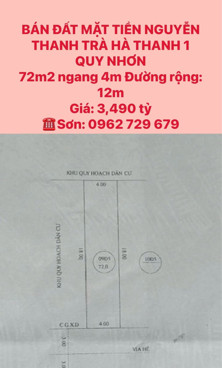 Đất mặt tiền Nguyễn Thanh Trà, Quy Nhơn 72m² giá 3,49 tỷ - Cơ hội đầu tư tuyệt vời!