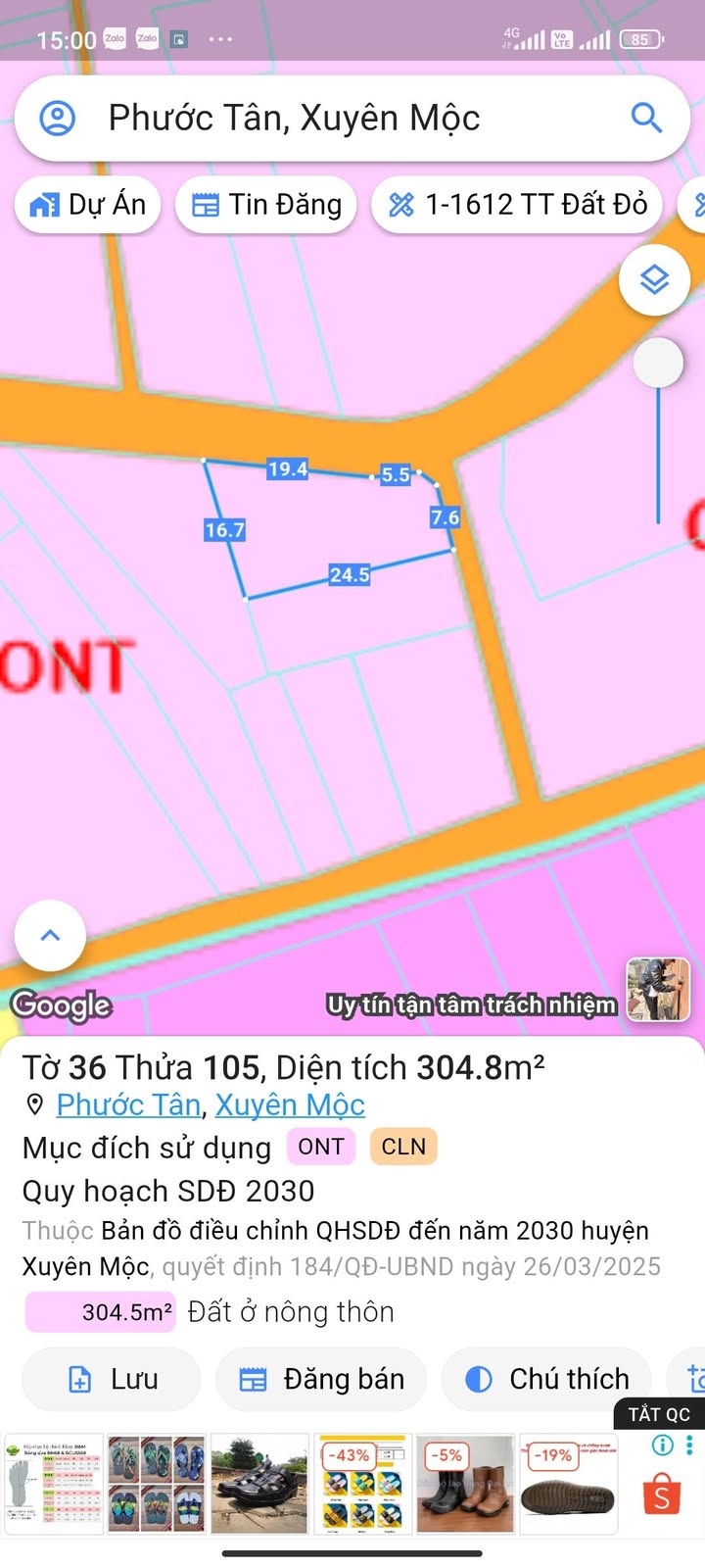 Đất nền 304,5m² tại ấp Tân Trung, Xuyên Mộc - Tiềm năng đầu tư lớn!