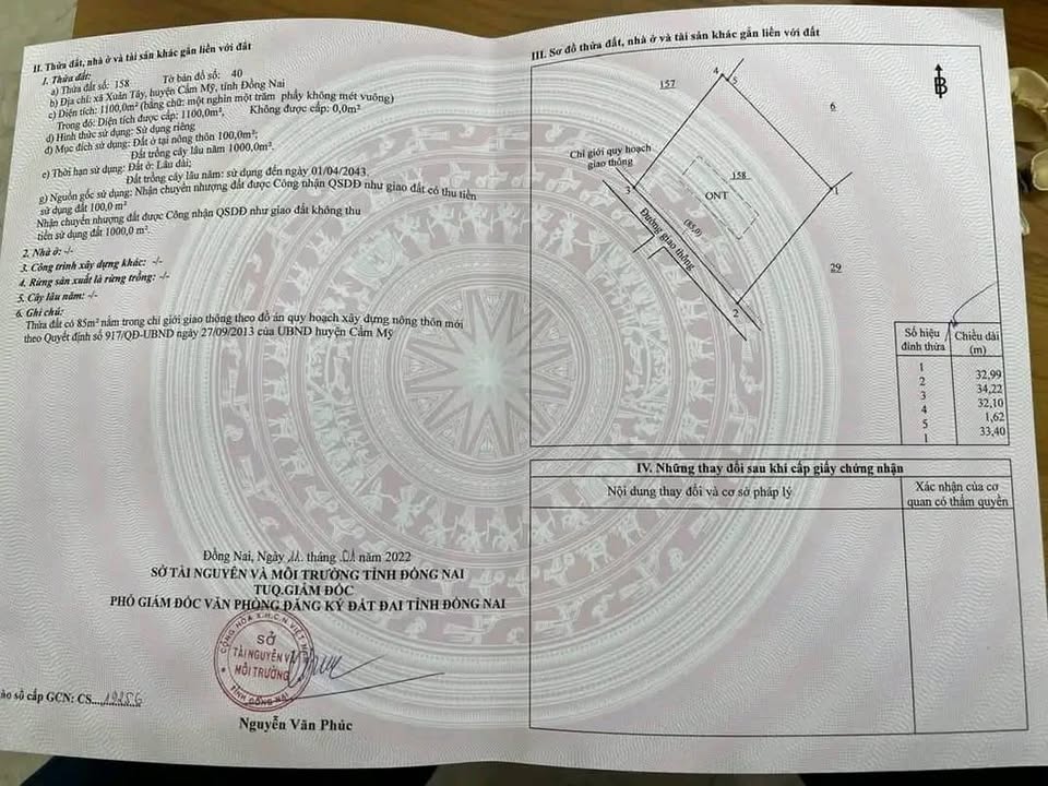 Đất thổ cư Xuân Tây, Cẩm Mỹ 1100m² - Mặt tiền 33m, giá cả thỏa thuận!