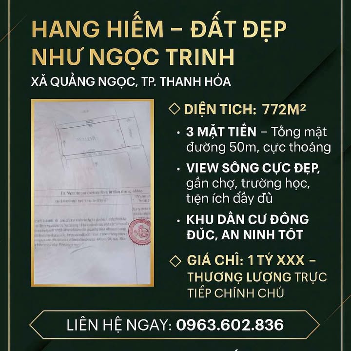 Đất nền xã Quảng Ngọc, TP. Thanh Hóa 772m² giá 1 tỷ - Cơ hội đầu tư hiếm có!