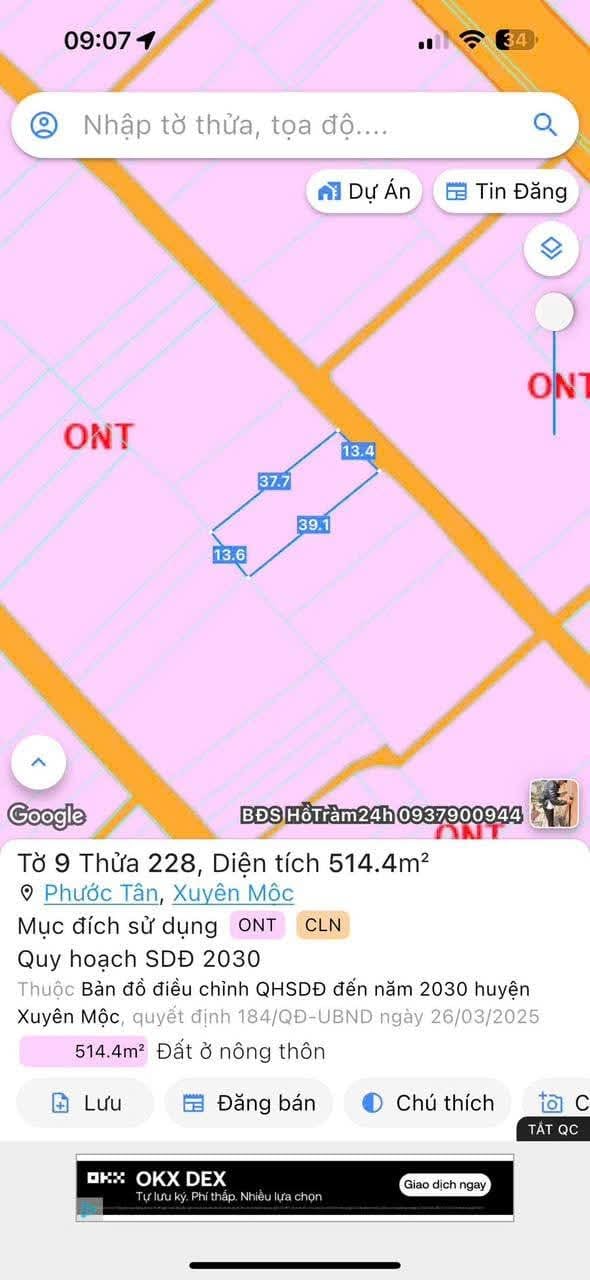 Đất thổ cư 514m² xã Hồ Tràm - Giá chỉ 128.5 triệu - Sổ hồng chính chủ!