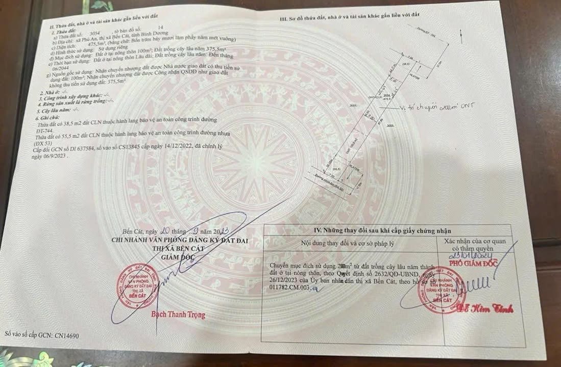 Đất mặt tiền ĐT744 Phú An, Bến Cát 469m² giá 5.95 tỷ - Cơ hội đầu tư sinh lời!