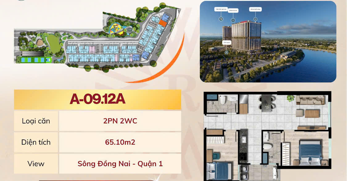 Căn hộ The Gió Riverside Dĩ An 65m² giá 2.838 tỷ - View sông tuyệt đẹp!