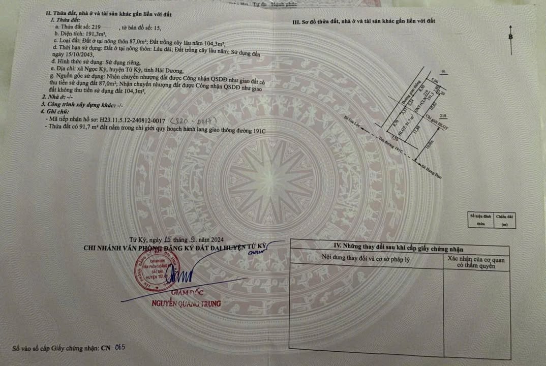 Đất nền mặt tiền tỉnh lộ 191, xã Ngọc Kỳ, 191m² - Cơ hội đầu tư hiếm có!