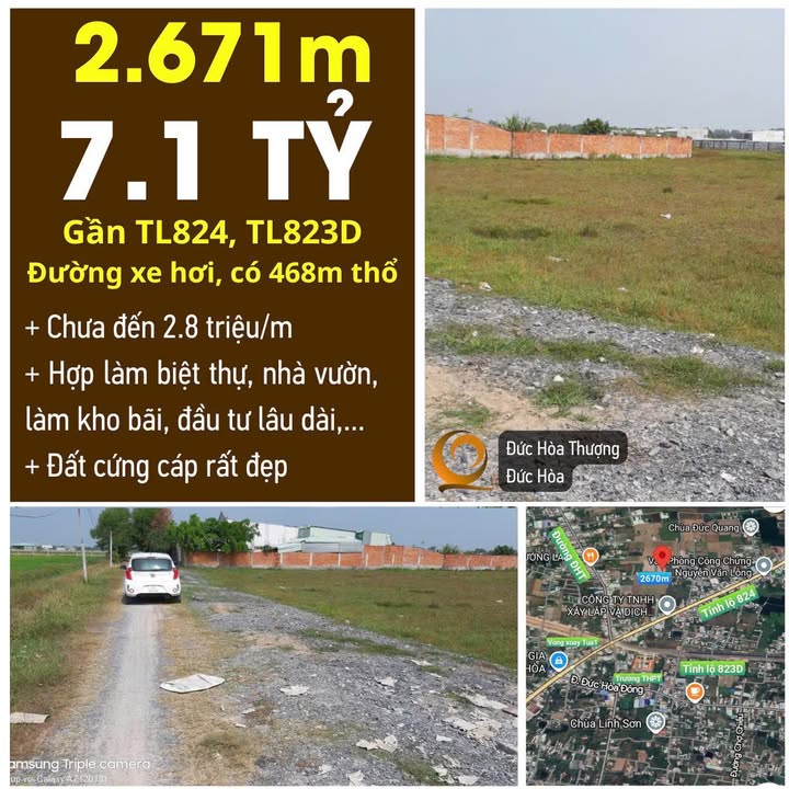 Đất nền 2670m² tại Đức Hòa Thượng, Long An giá 7.1 tỷ - Đường xe hơi, vị trí đắc địa!