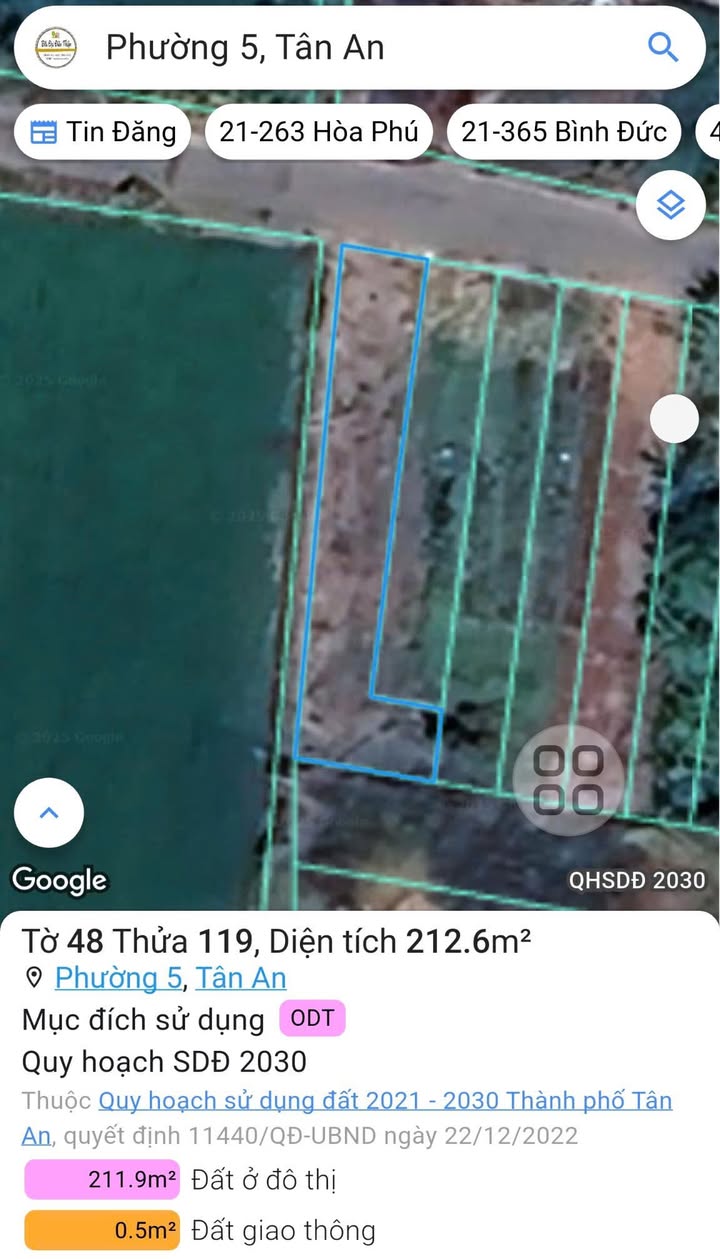 Đất thổ cư MẶT TIỀN NHỰA đường Nguyễn Văn Nhâm P5 Tân An 212m² - Giá 1.85 tỷ, thương lượng!