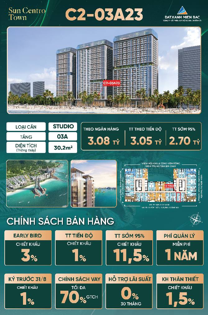 Căn hộ Sun Centro Town Hạ Long 30m² giá chỉ 2.71 tỷ - Hướng biển tuyệt đẹp!
