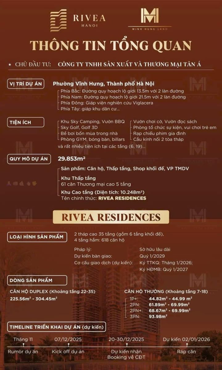 Căn hộ RIVEA RESIDENCE tại Vĩnh Hưng, Hai Bà Trưng - Diện tích 29.853m² - Sẵn sàng nhận booking!
