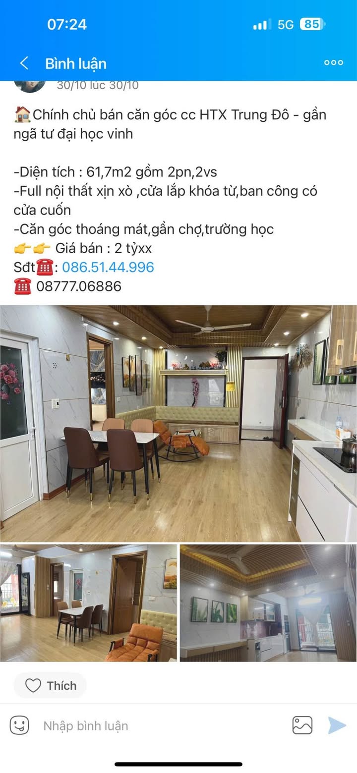 Căn hộ chung cư HTX Trung Đô Vinh 61m² giá 2 tỷ - Căn góc thoáng mát, đầy đủ tiện nghi!