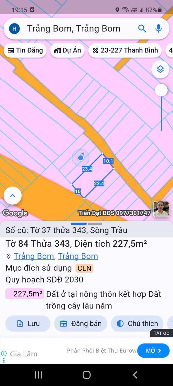 Đất nền Sông Trầu, Trảng Bom 227m² giá 1.299 tỷ - Sổ hồng chính chủ